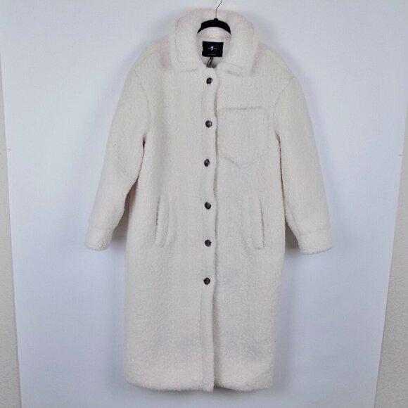 7 for all Mankind Sherpa Teddy Long Coat Size M Medium Cream Full Length NEW - Picture 1 of 10